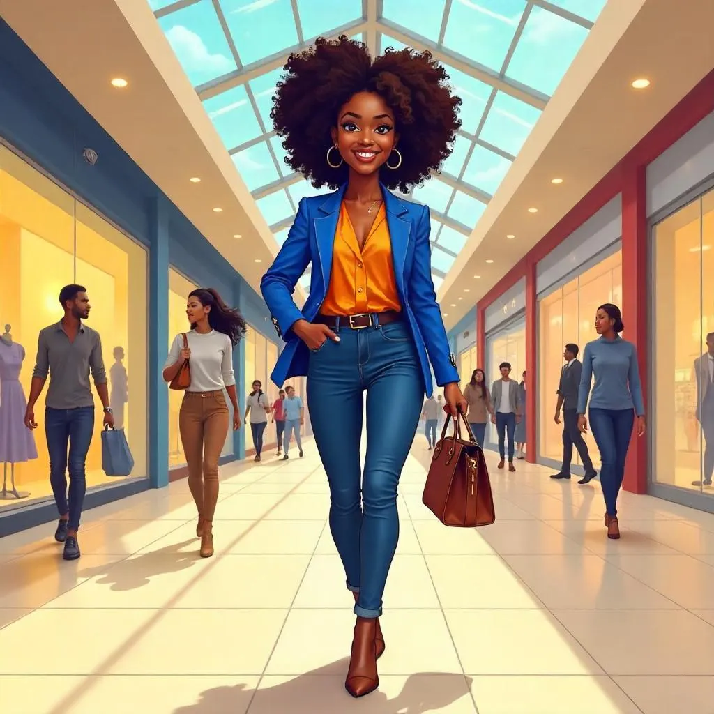 Confident Black Woman in a Cartoon Mall Scene