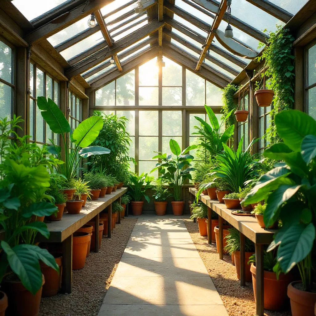 Sunlit greenhouse of tropical potted plants
