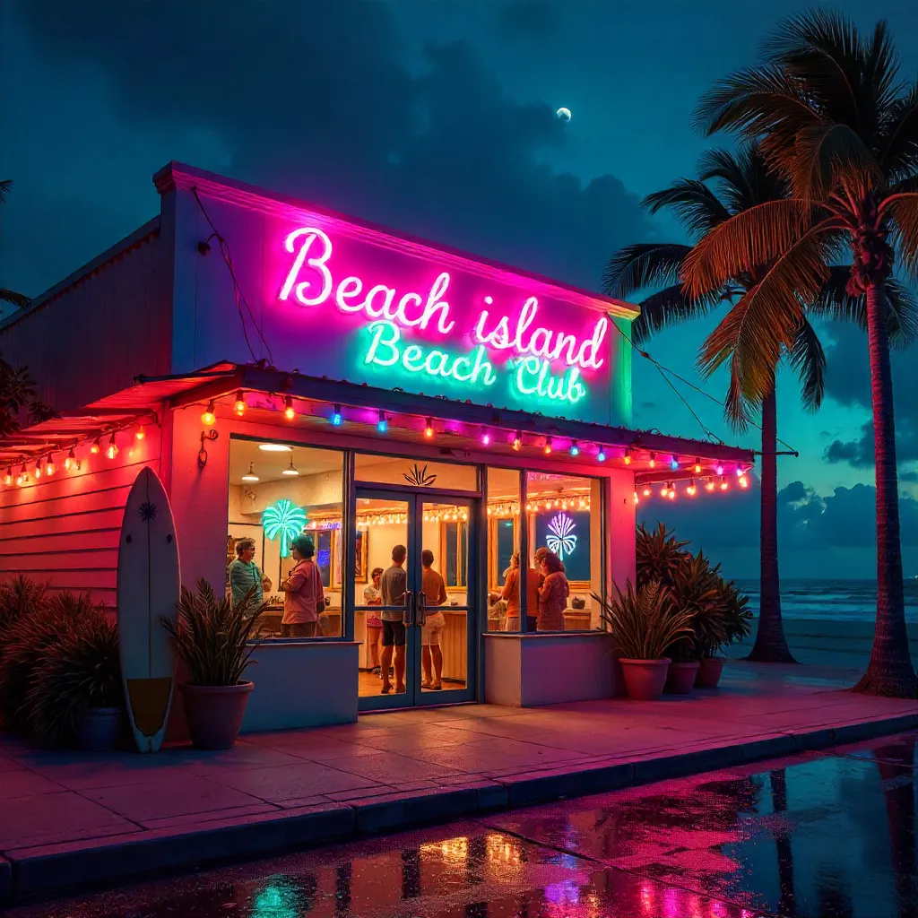 Neon Padre Island Beach Club Storefront at Night