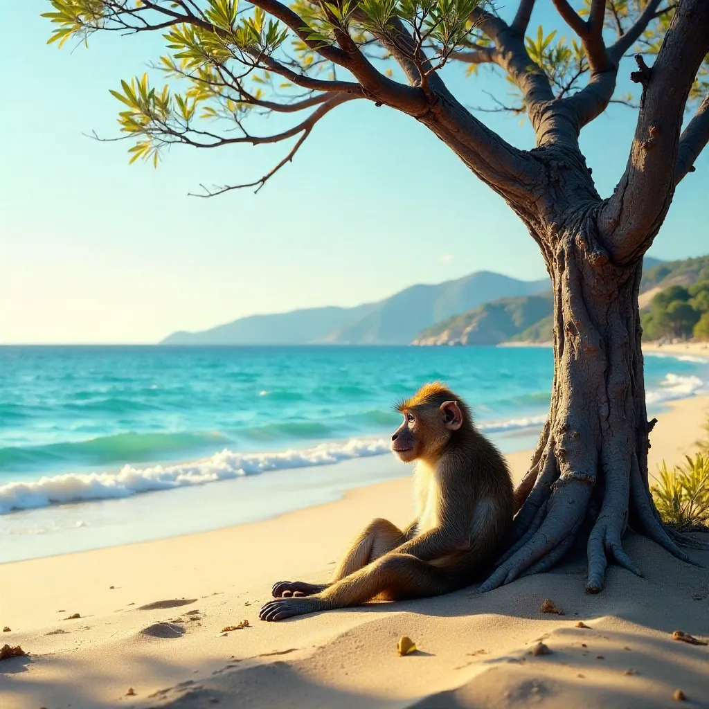 Tranquil Monkey by the Ocean Under a Bare Tree