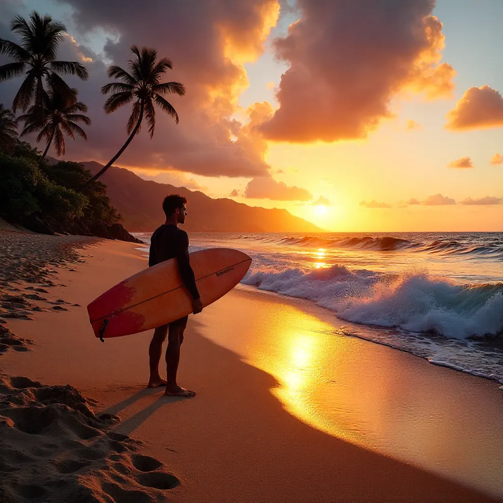 Lone Surfer at Sunset on Hawaiian Beach