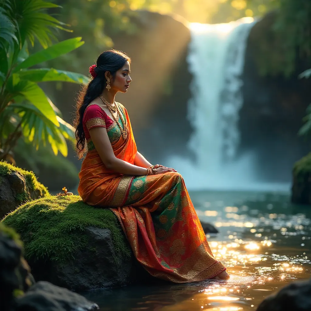 Serene Woman in Vibrant Traditional Dress by Waterfall