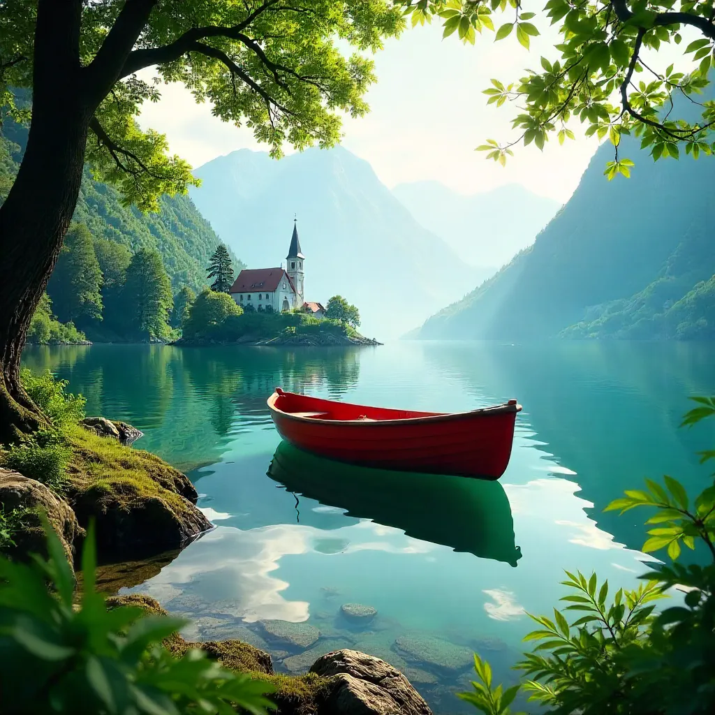 Red Rowboat Framed by Greenery on Lake Bled