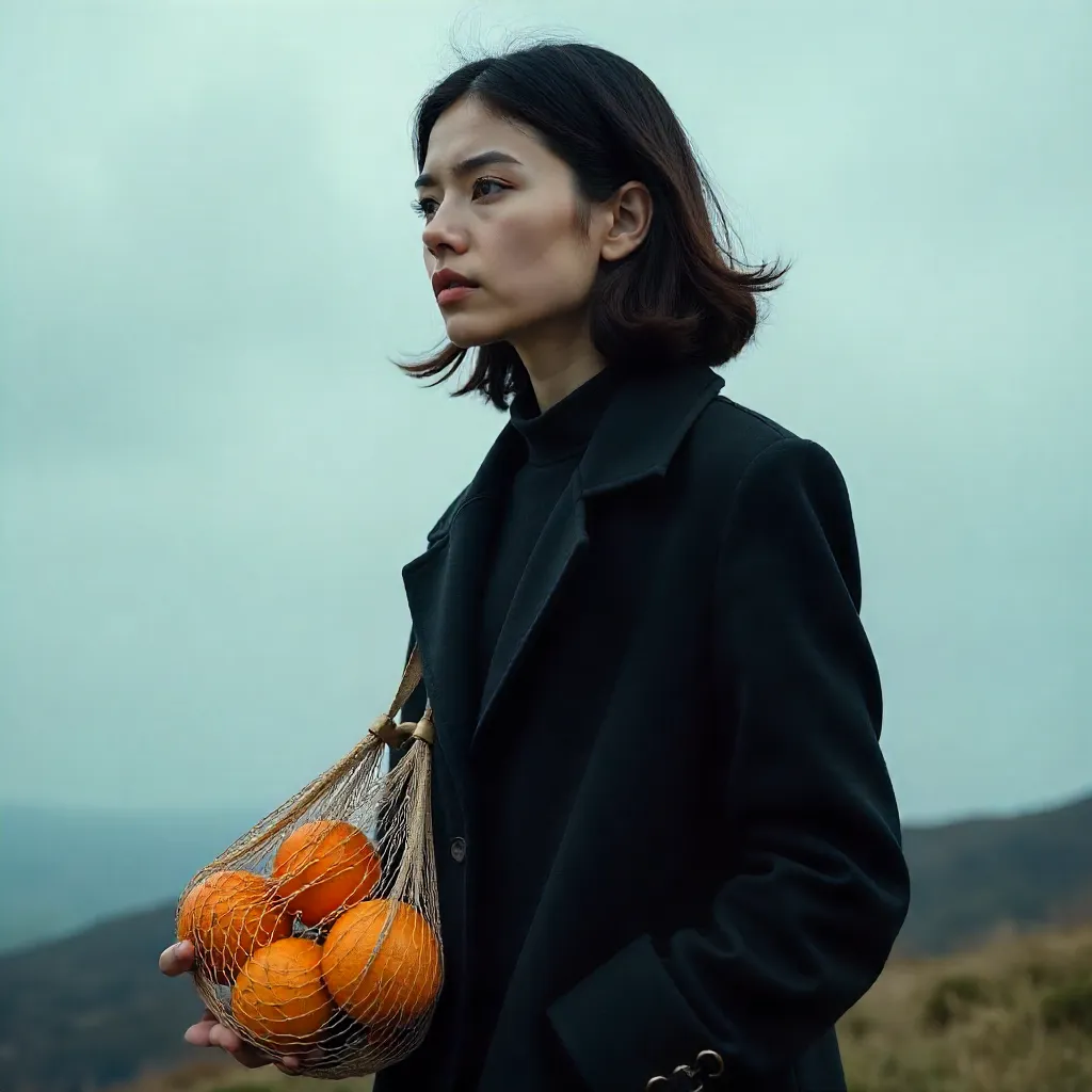 Thoughtful Woman in Black Coat with Oranges