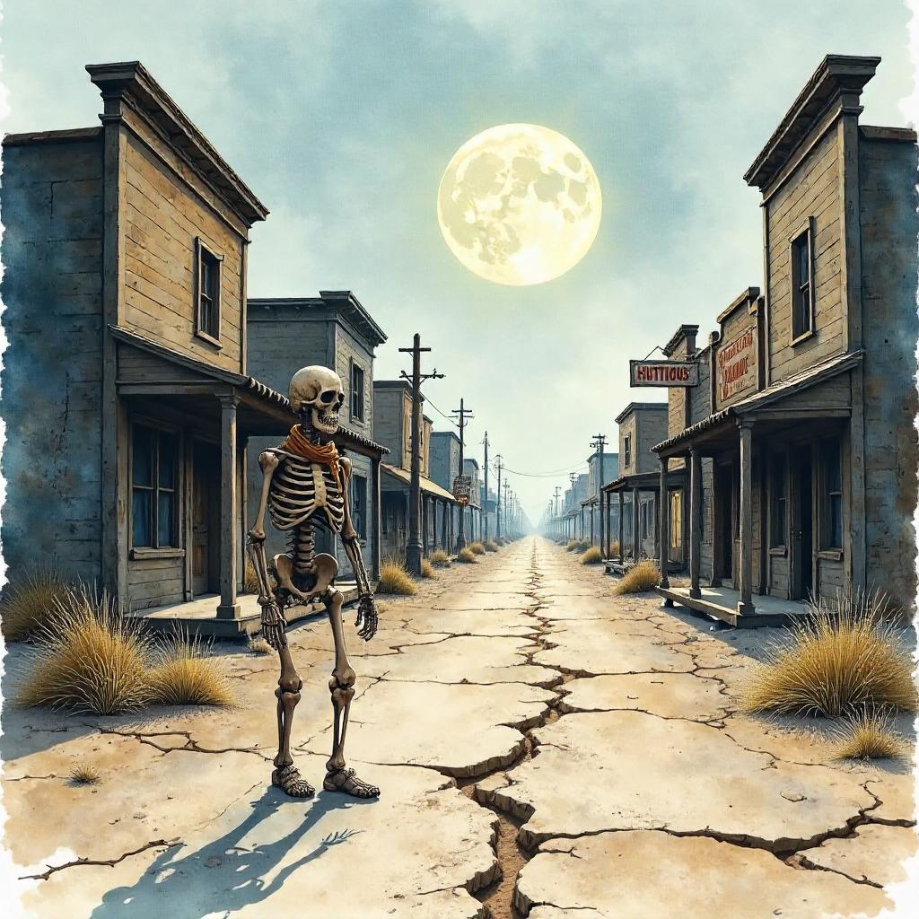 Watercolor Skeleton in a Ghost Town