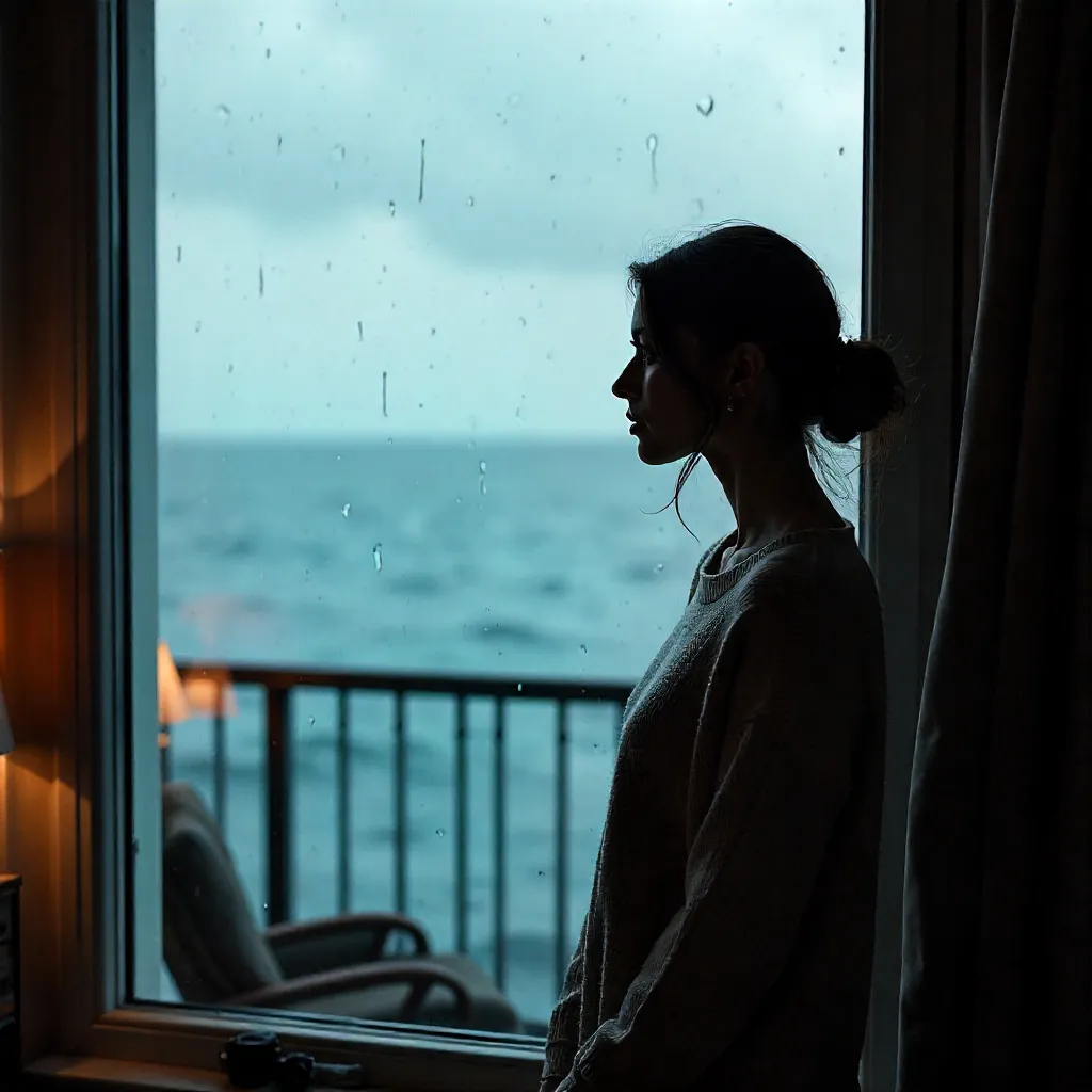 Contemplative Woman by Rainy Seascape Window