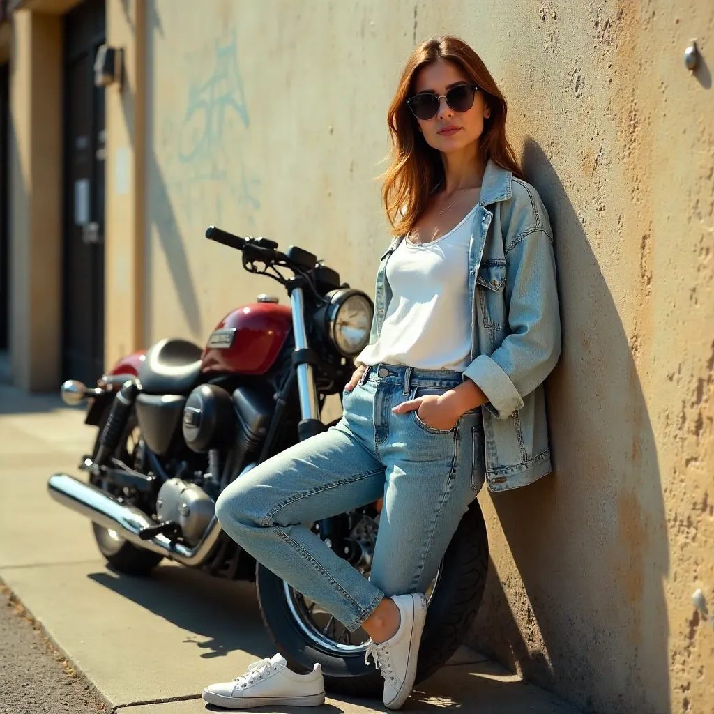 Casual Moment: Woman and Motorcycle in Daylight