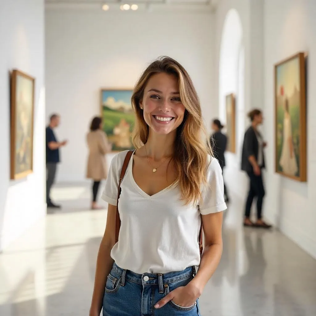 Cheerful White Woman in a Photorealistic Art Gallery