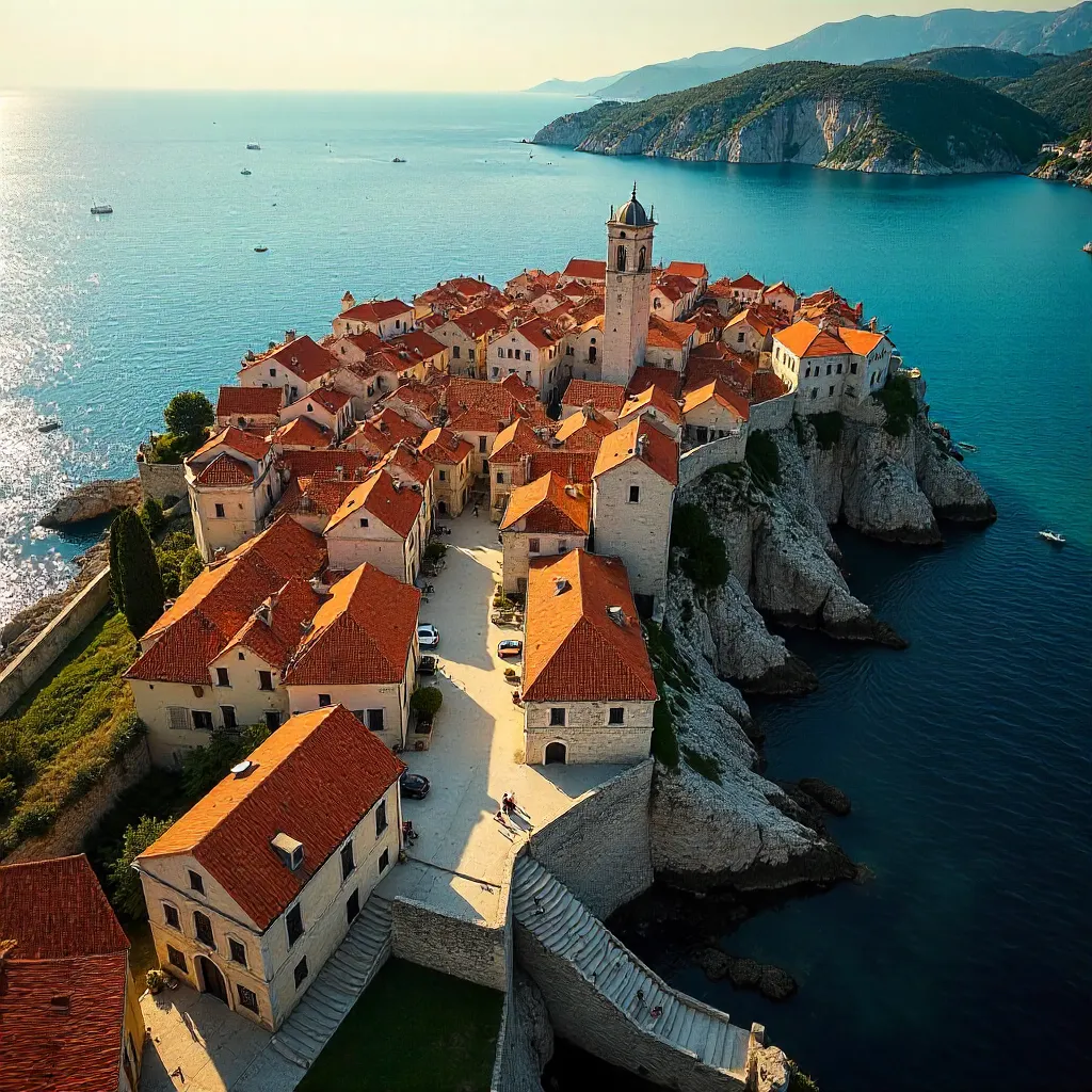 Aerial view of Dubrovnik Old Town: Coastline and Walls