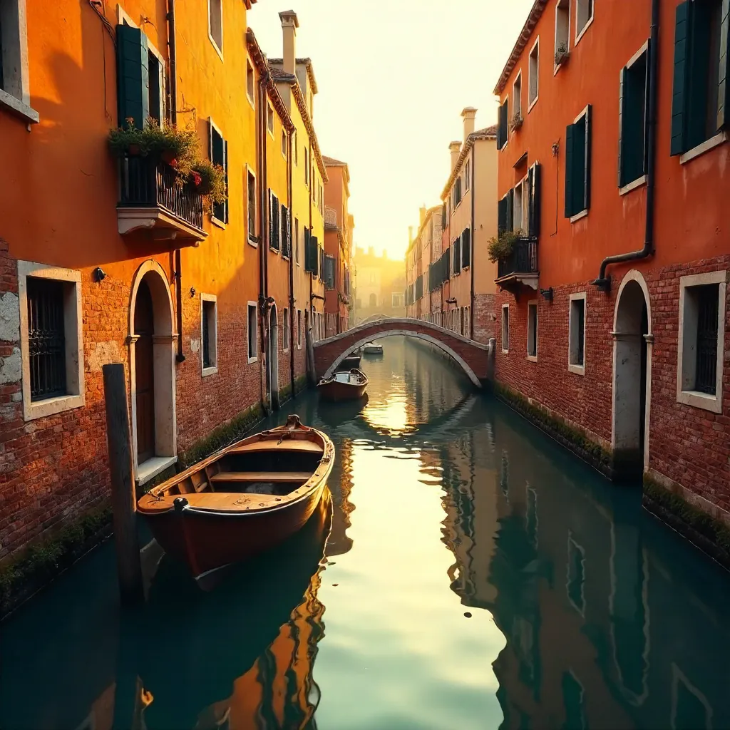 Sunlit Venetian Canal: Orange and Yellow Facades Reflected