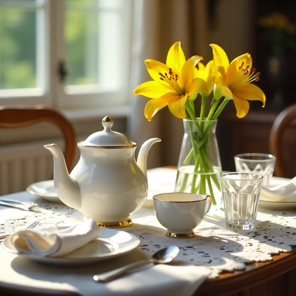 Elegant Tea Table with White Teapot and Lilies