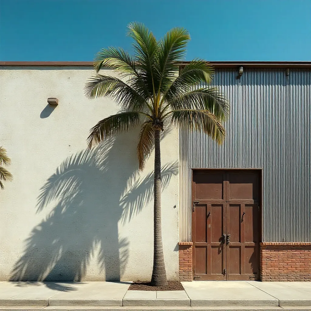 Lone Palm Shadow on an Industrial Facade