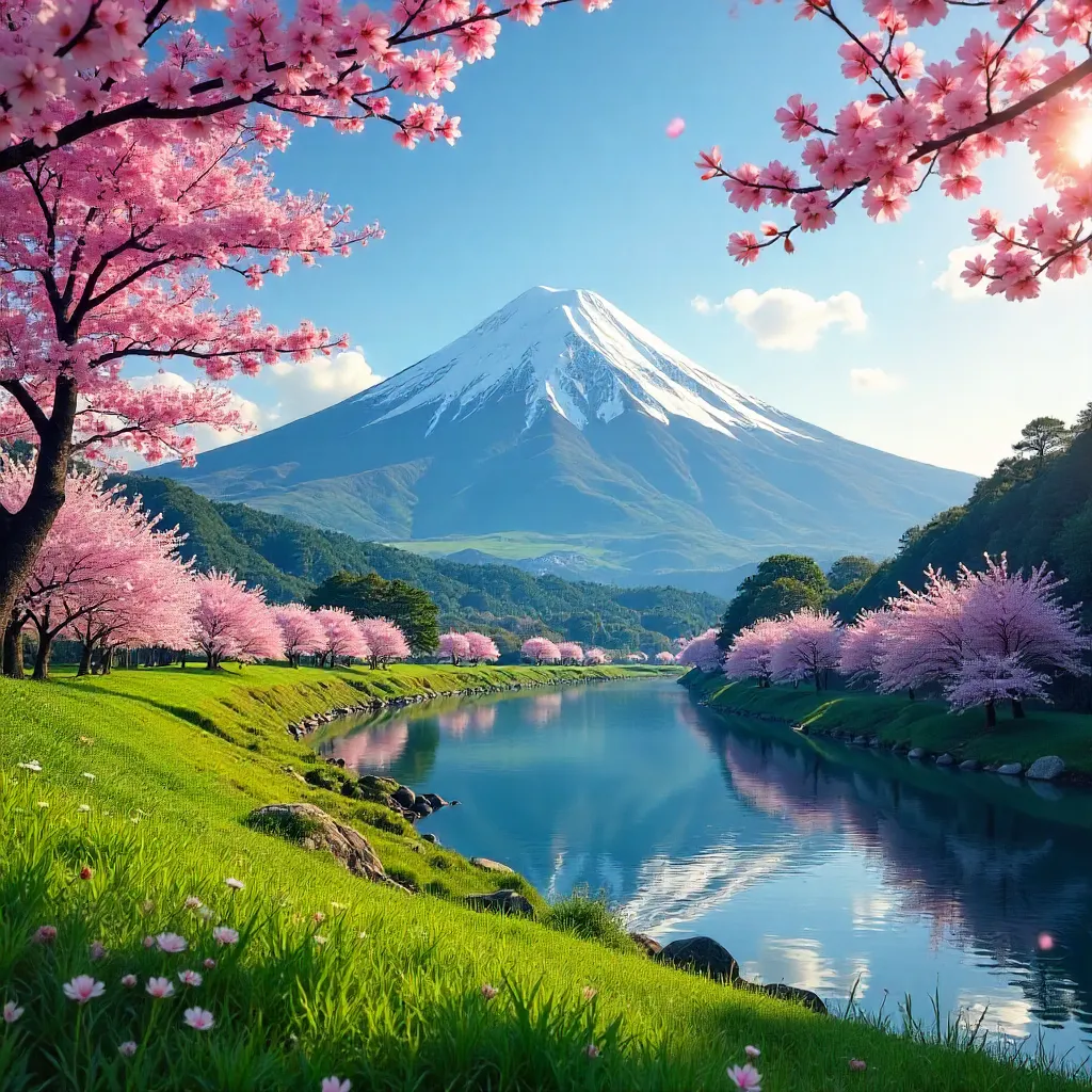 Springtime Fuji Vista: Greenery, Sky, and Snow Peak