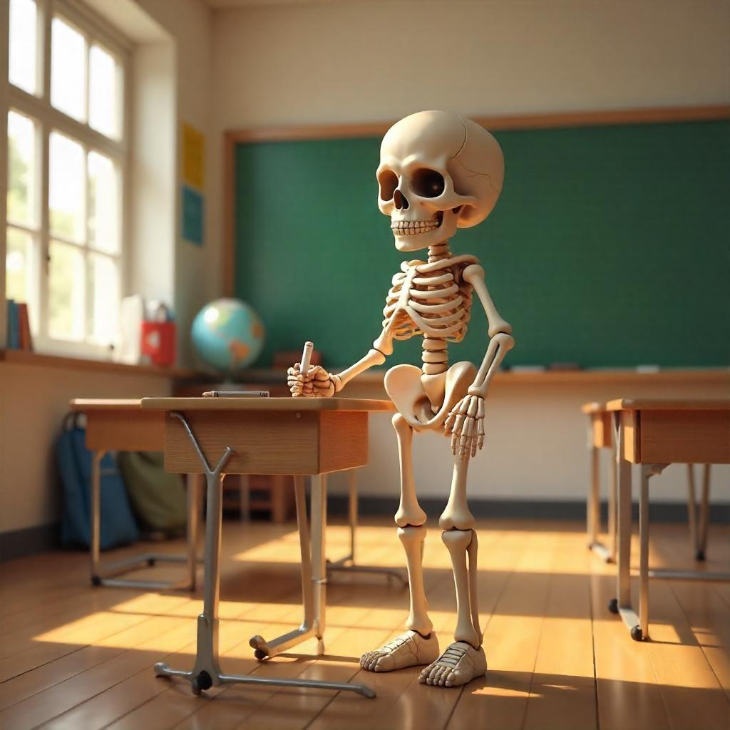 3D Rendered Skeleton in a Bright School Classroom