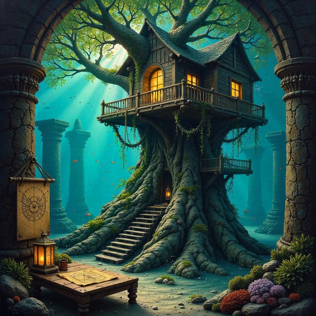 Oil Painting of an Atlantis Treehouse