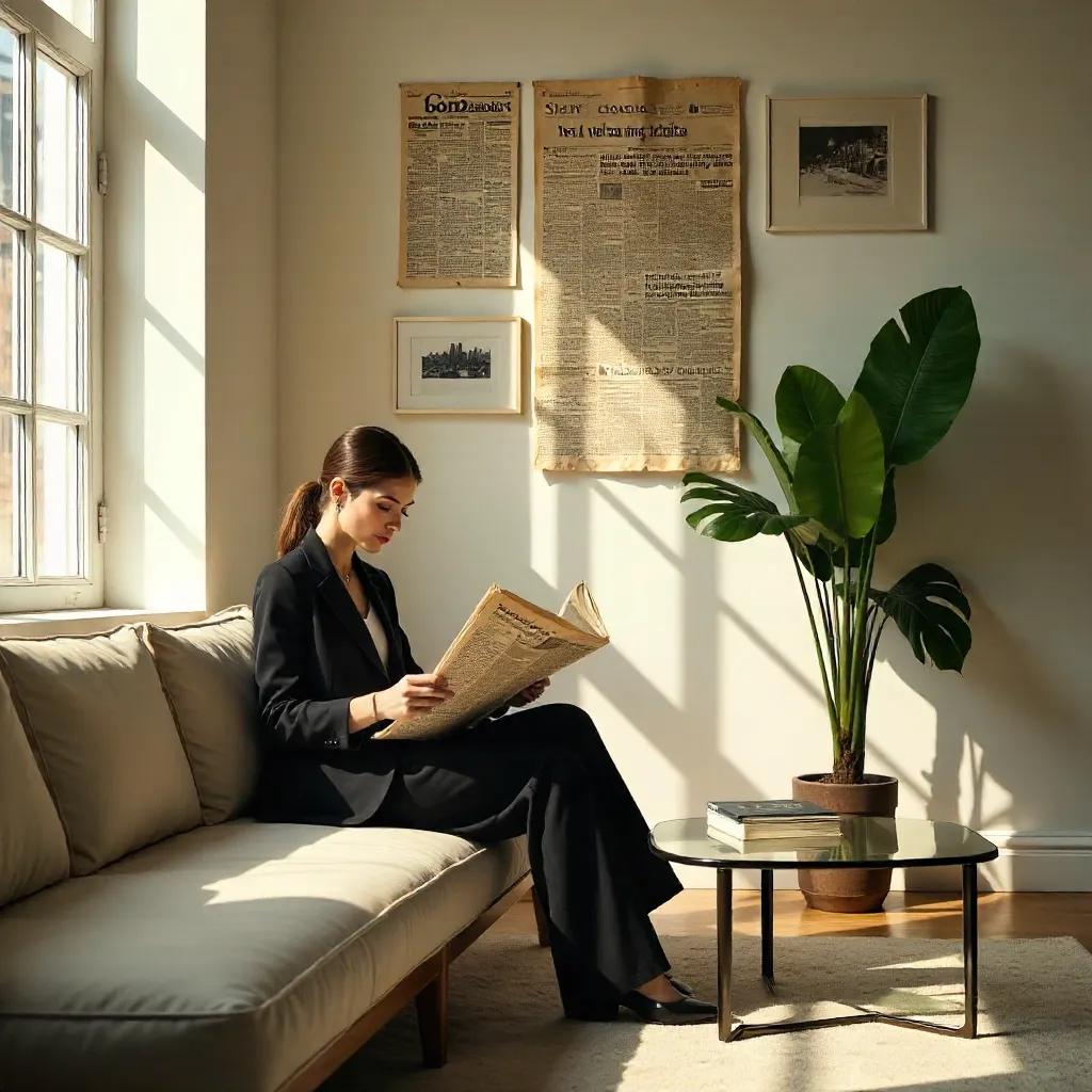 Modern Vogue: Woman Reading in Newspaper-Inspired Room