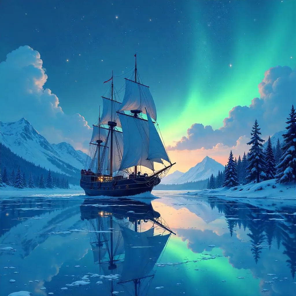 Anime Sailing Ship on a Frozen Lake