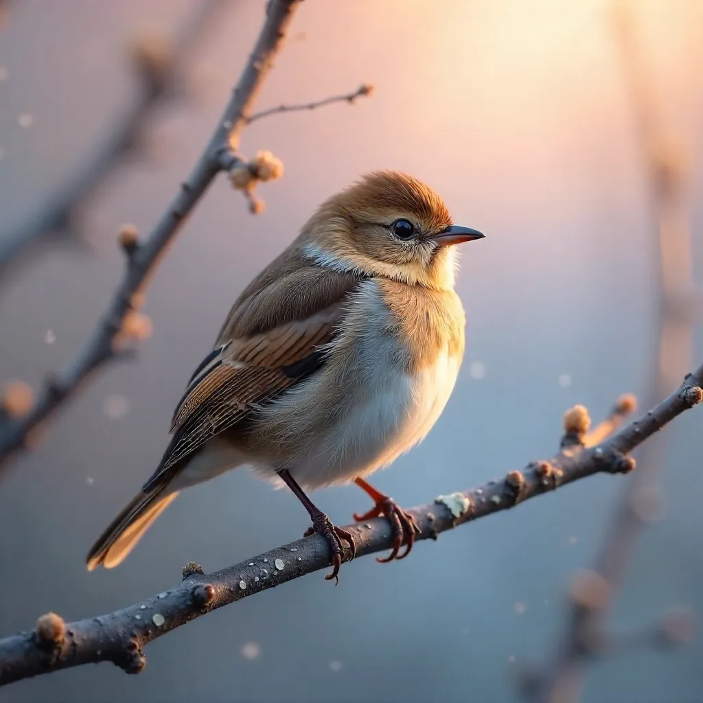 Mist-Dawn Perch: A Tiny Bird on Dry Branches