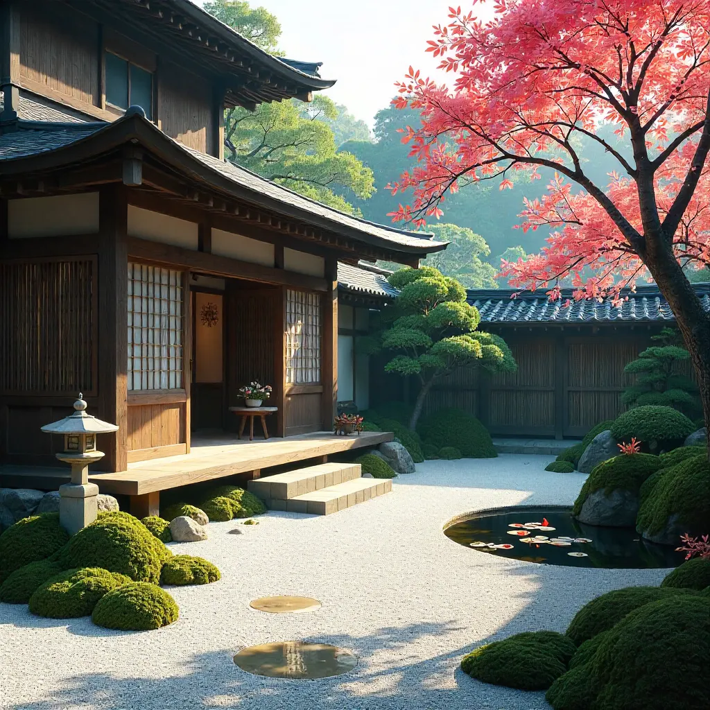 Kyoto Zen Courtyard with Zen Garden and Traditional Architecture