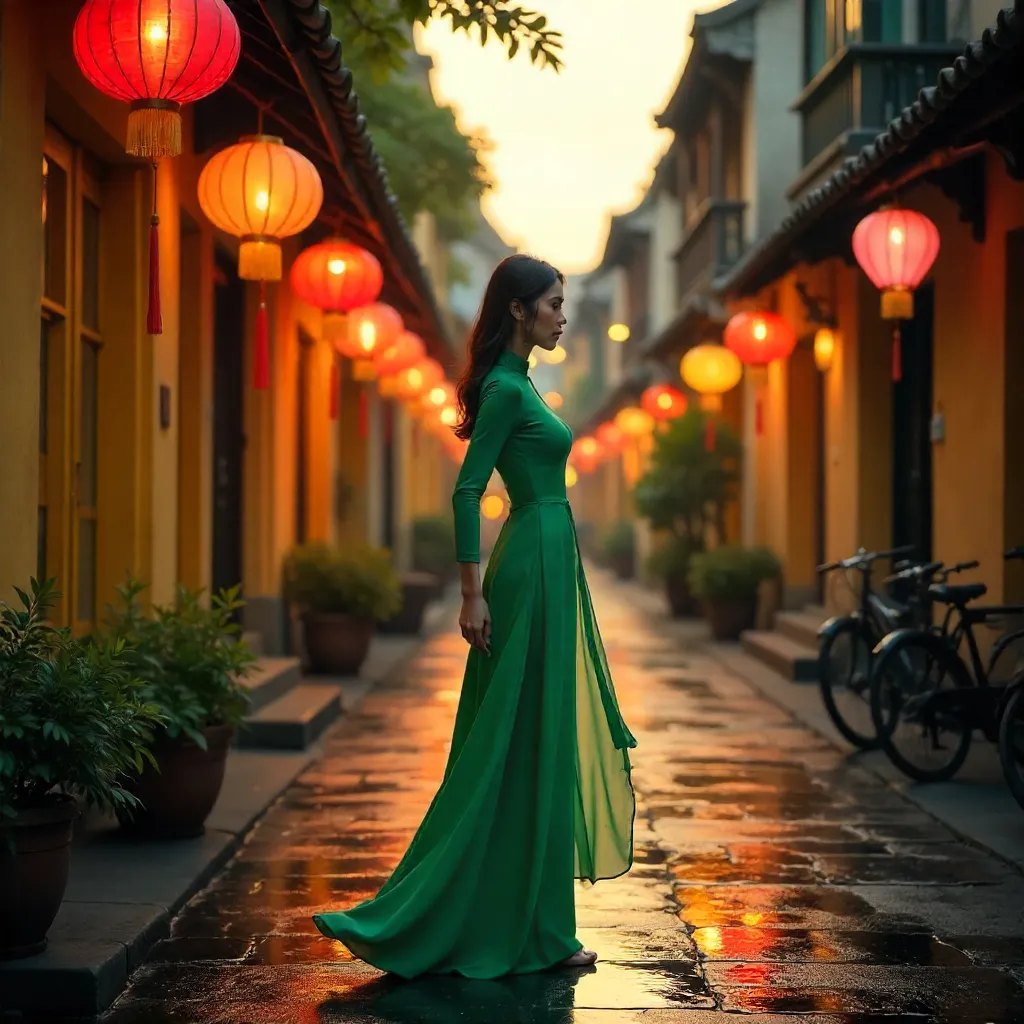 Green Ao Dai Amid Colorful Lanterns in Hoi An
