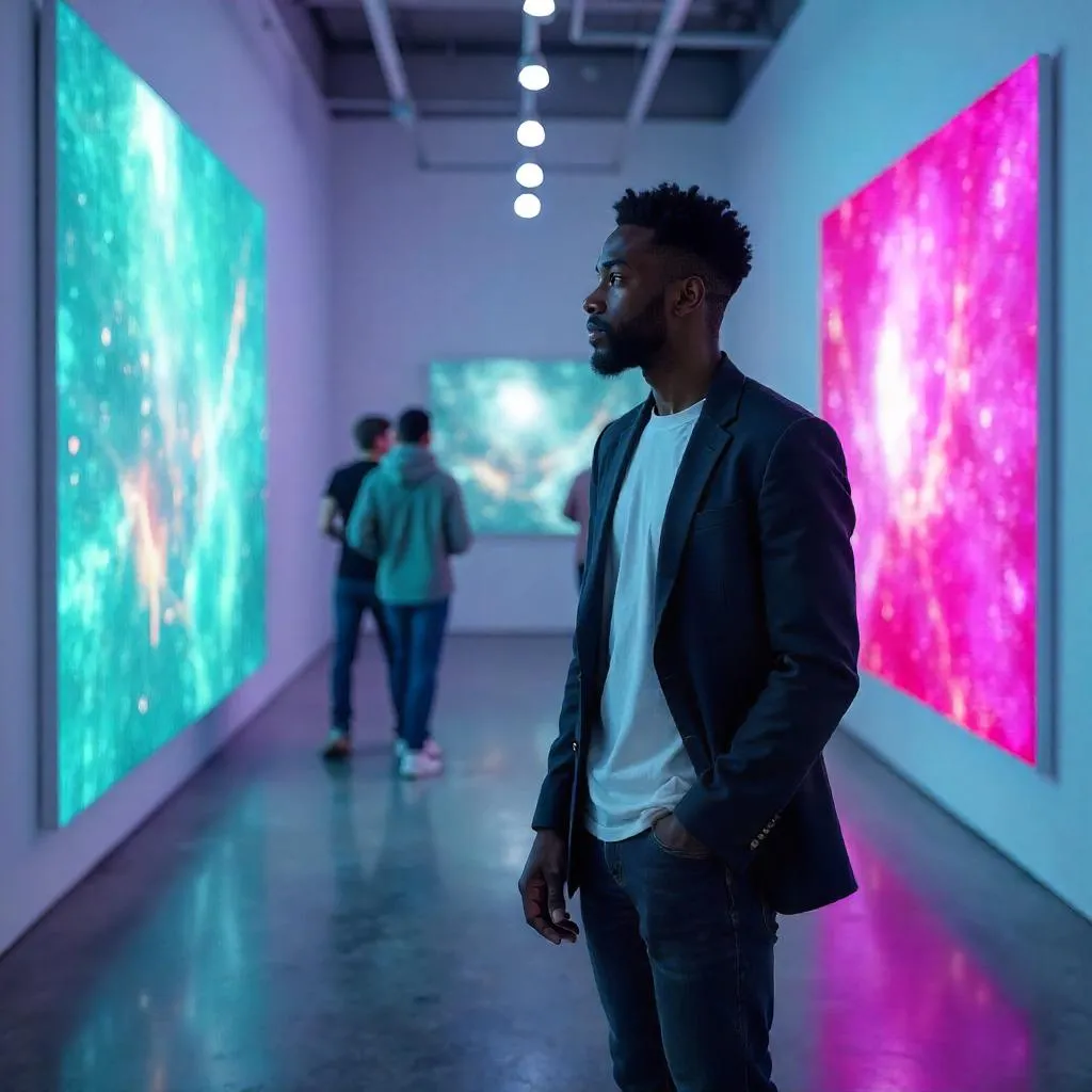 A Young Black Man in a Digital Art Gallery