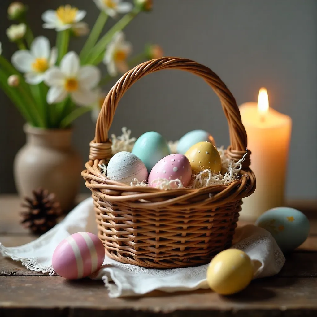 Candlelit Cozy Easter Basket with Painted Eggs
