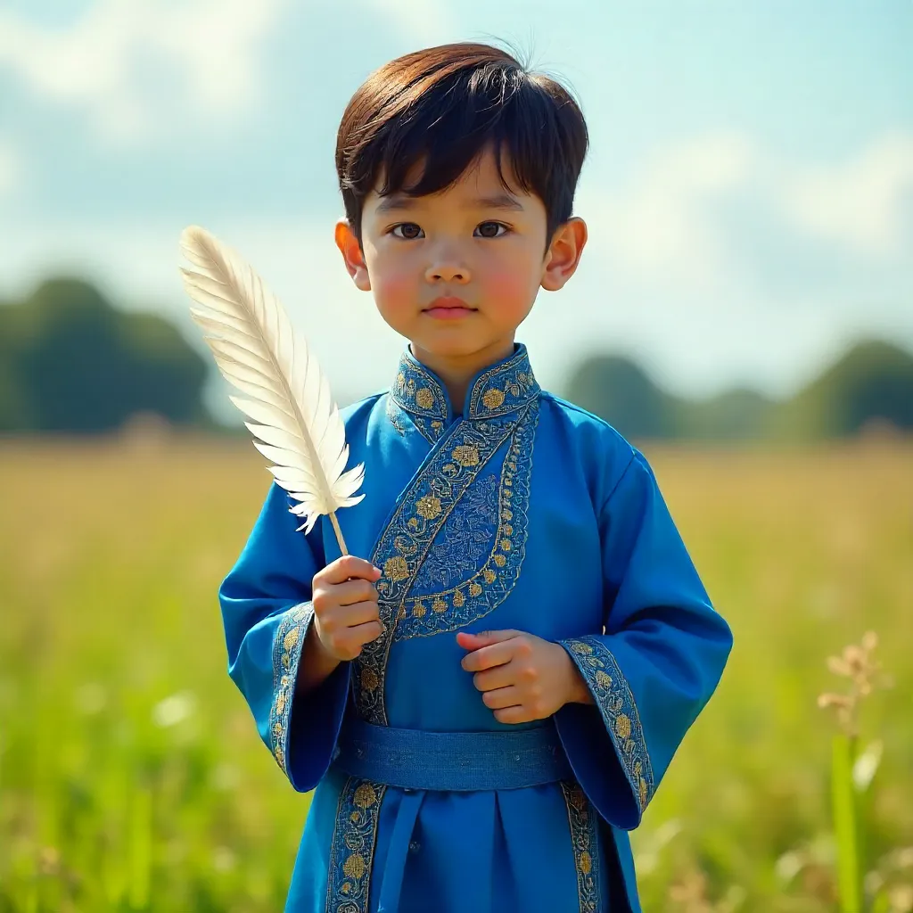 Bright Blue Traditional Attire: Boy with White Feather Outdoors