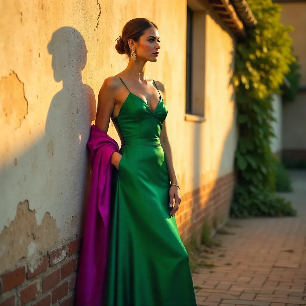Elegant Woman by Rustic Wall in Vibrant Attire