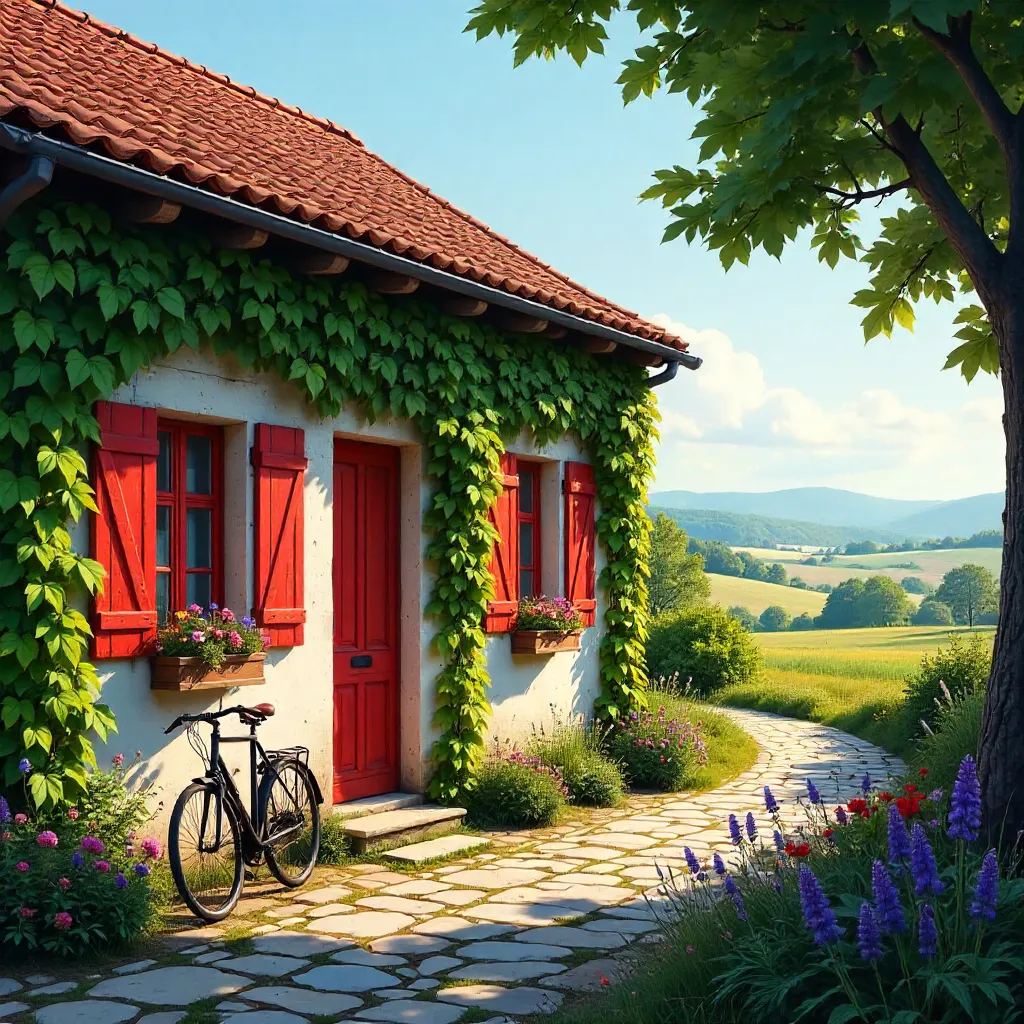 Ivy-Covered Rustic French Cottage at Golden Hour