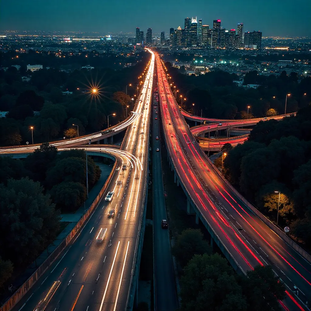 Aerial Night Rush over Downtown LA Freeways