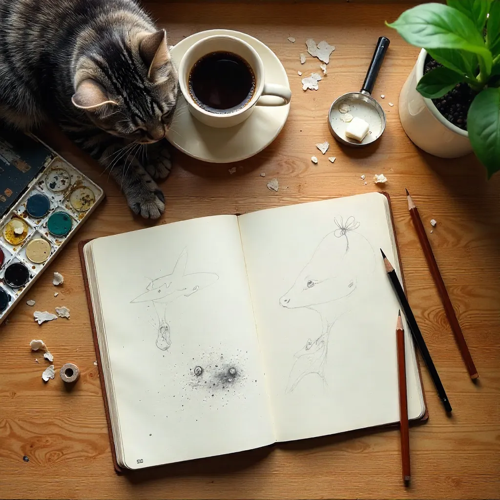 Cozy Flat Lay: Sketches, Cat, and Coffee