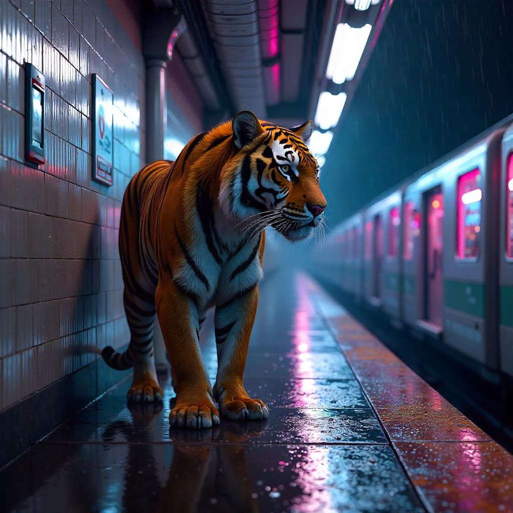 Majestic Tiger in a Neon Subway Station - 3D Render