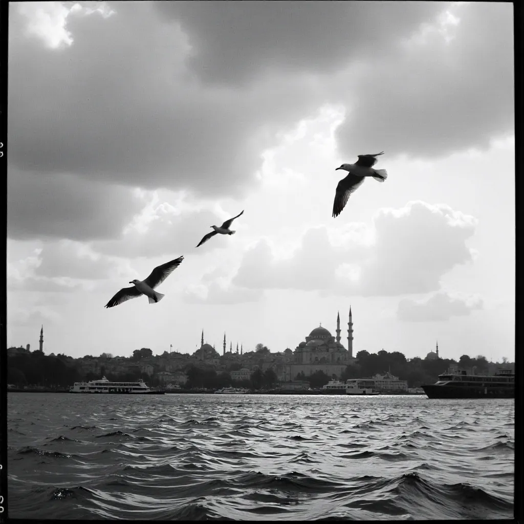 Seagulls over a Cloudy Istanbul in Black and White