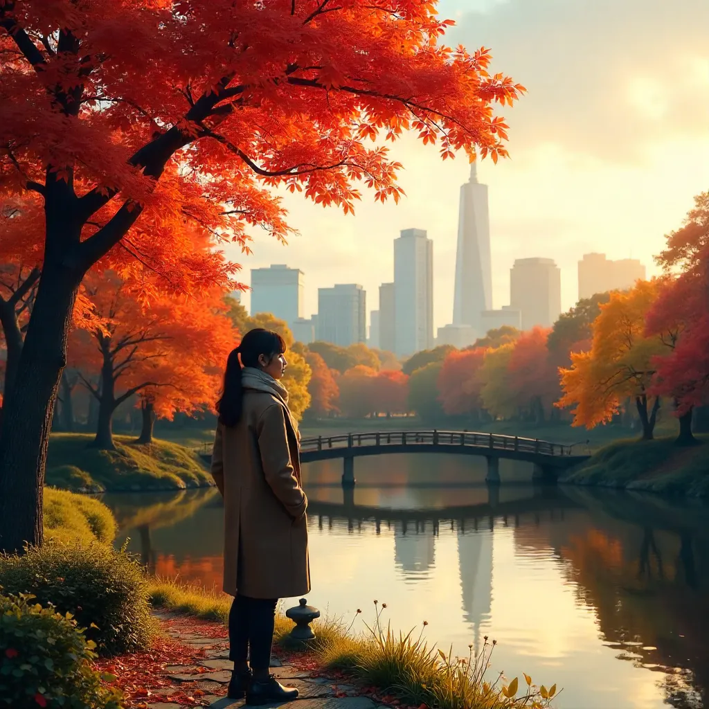Autumn in Japan: Park with City Skyline Backdrop