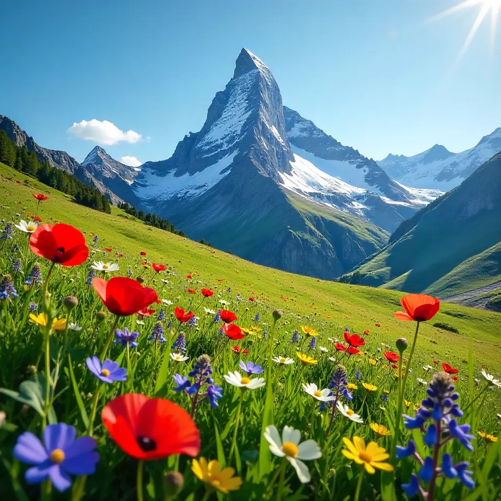 Matterhorn in Bloom: Alpine Wildflowers under a Clear Summer Sky