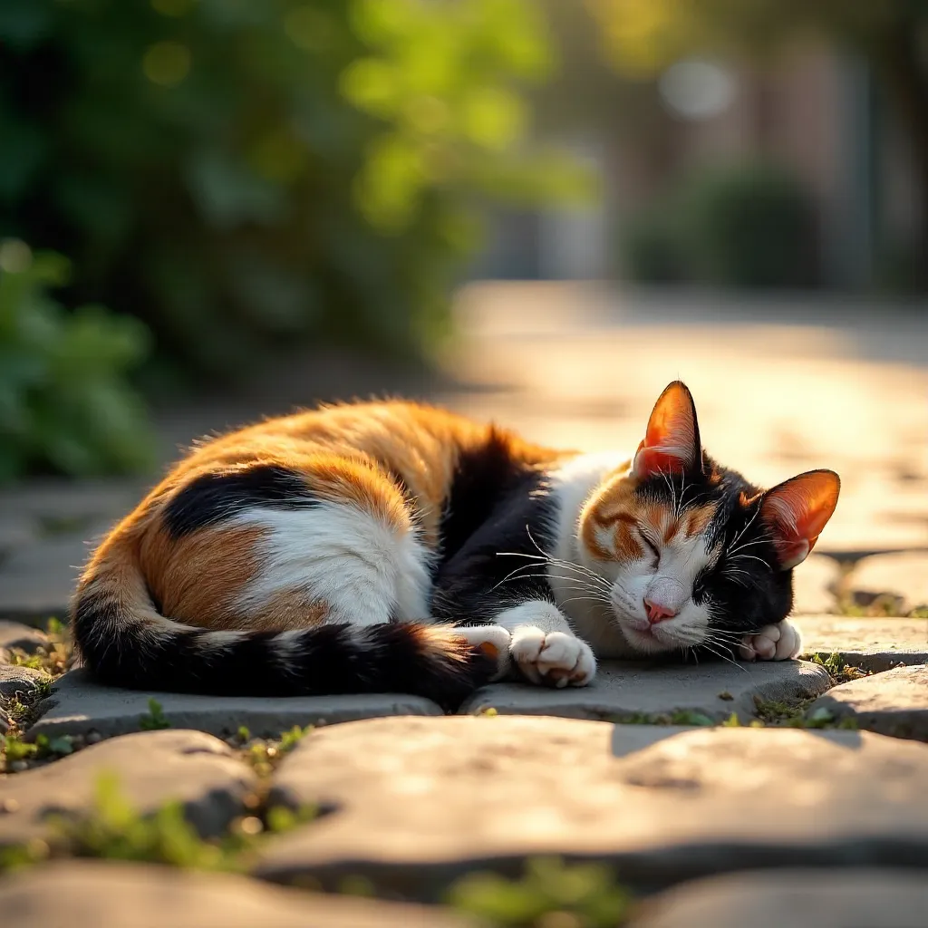 Calico Cat Basking on Sunlit Pavement