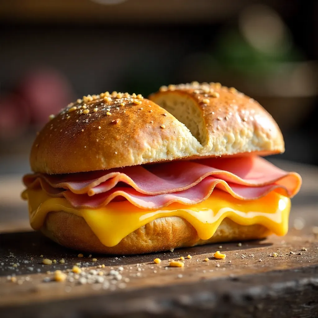 Close-Up Rustic Ham and Cheese Sandwich on Wood Table