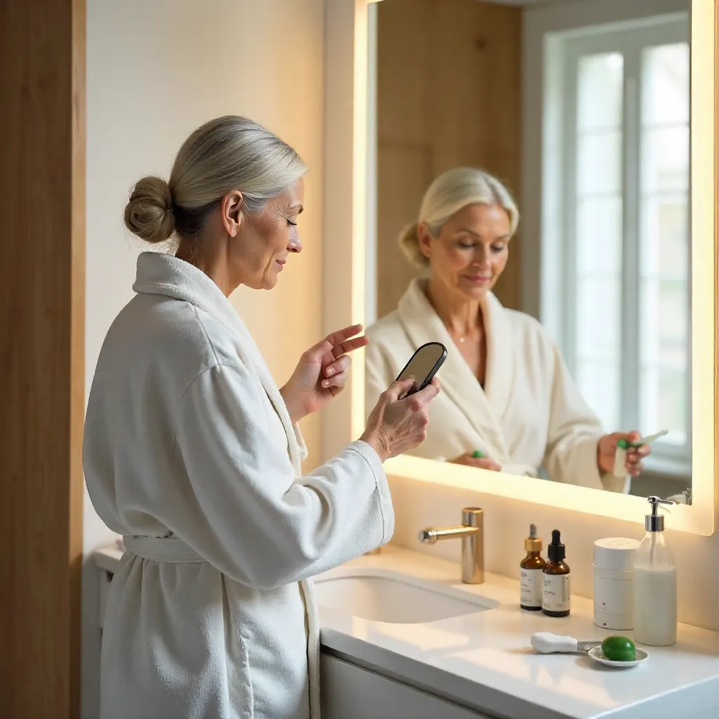 Mature Woman Examining Skin at a Bright Vanity