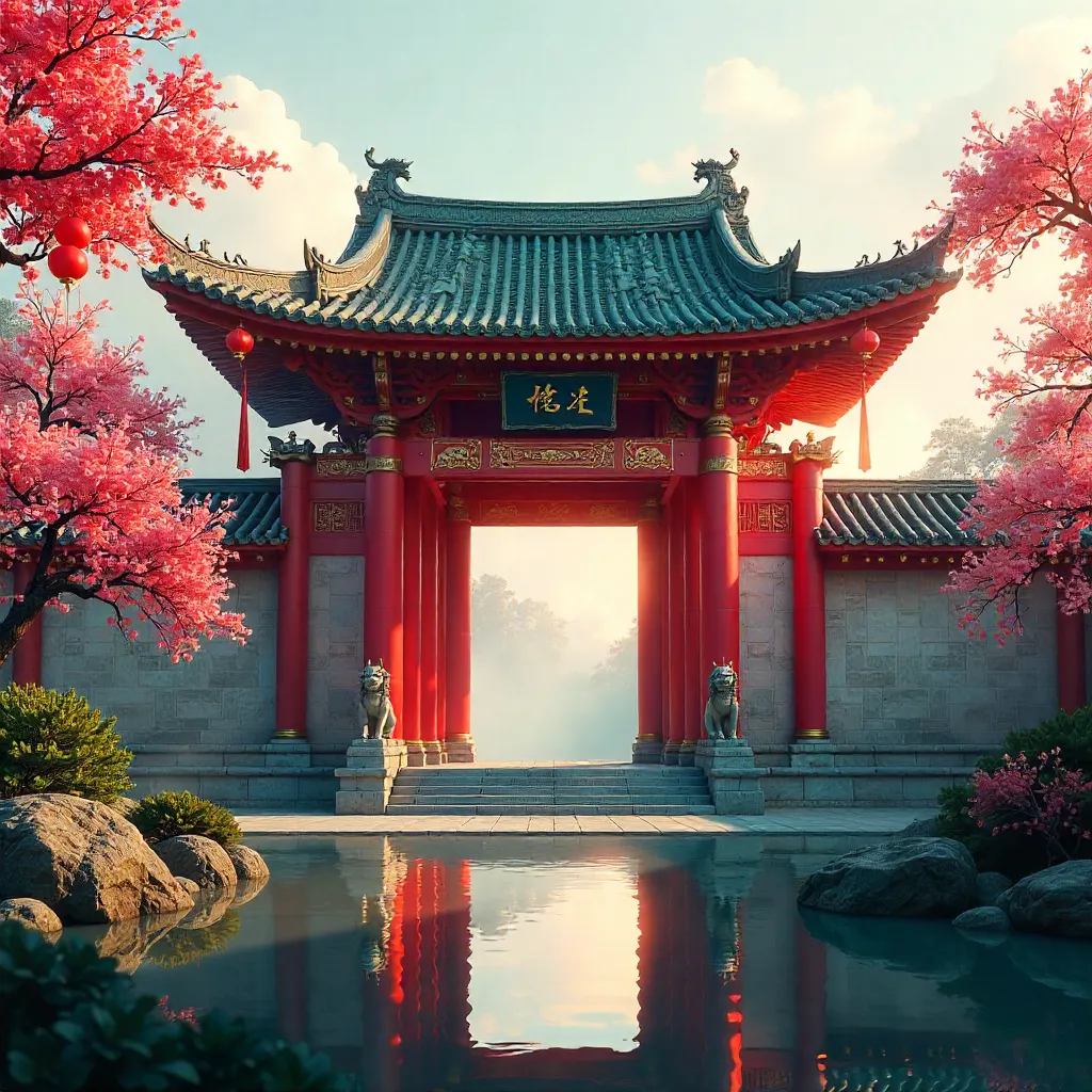 Vibrant East Asian Temple Entrance in Colorful Grandeur