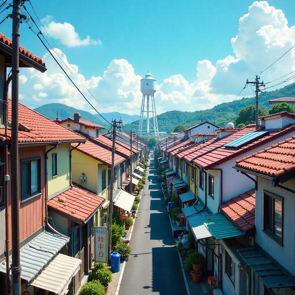 Colorful Japanese Rooftops with Water Tower