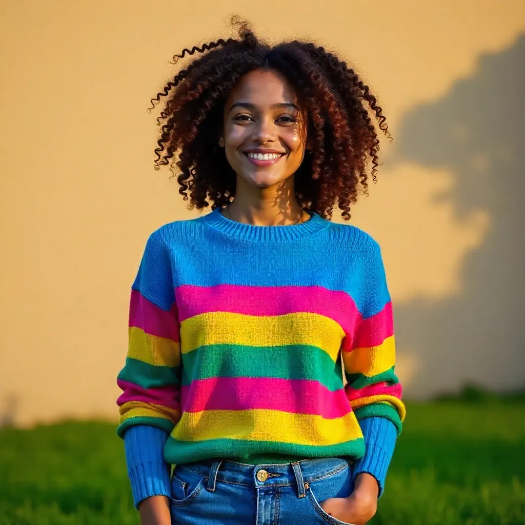 Curly-haired woman in vibrant striped sweater on grass