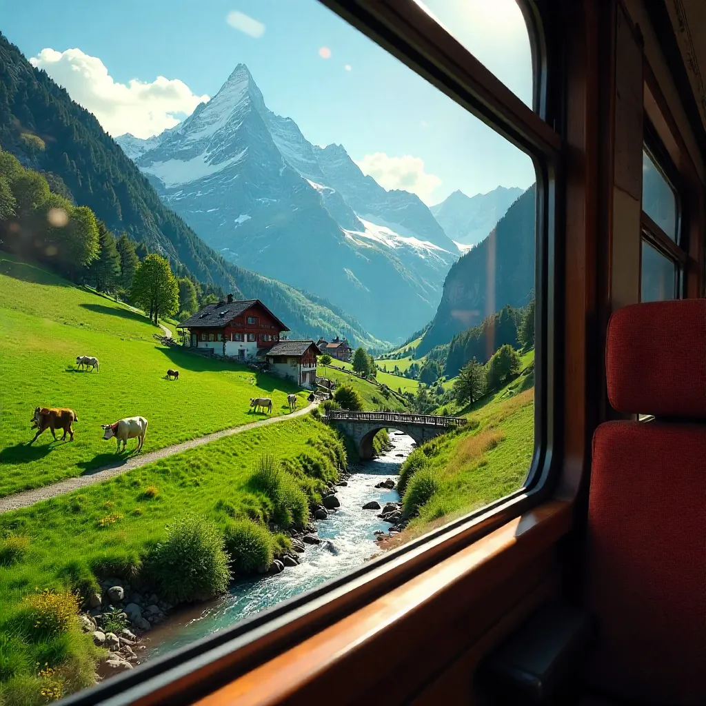 Swiss Train Window: Alpine Valleys and Lush Green Alps