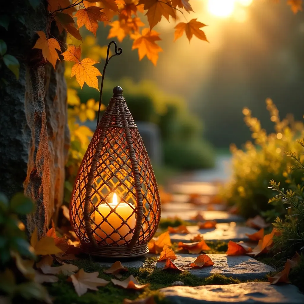 Elegant woven lantern among golden autumn leaves
