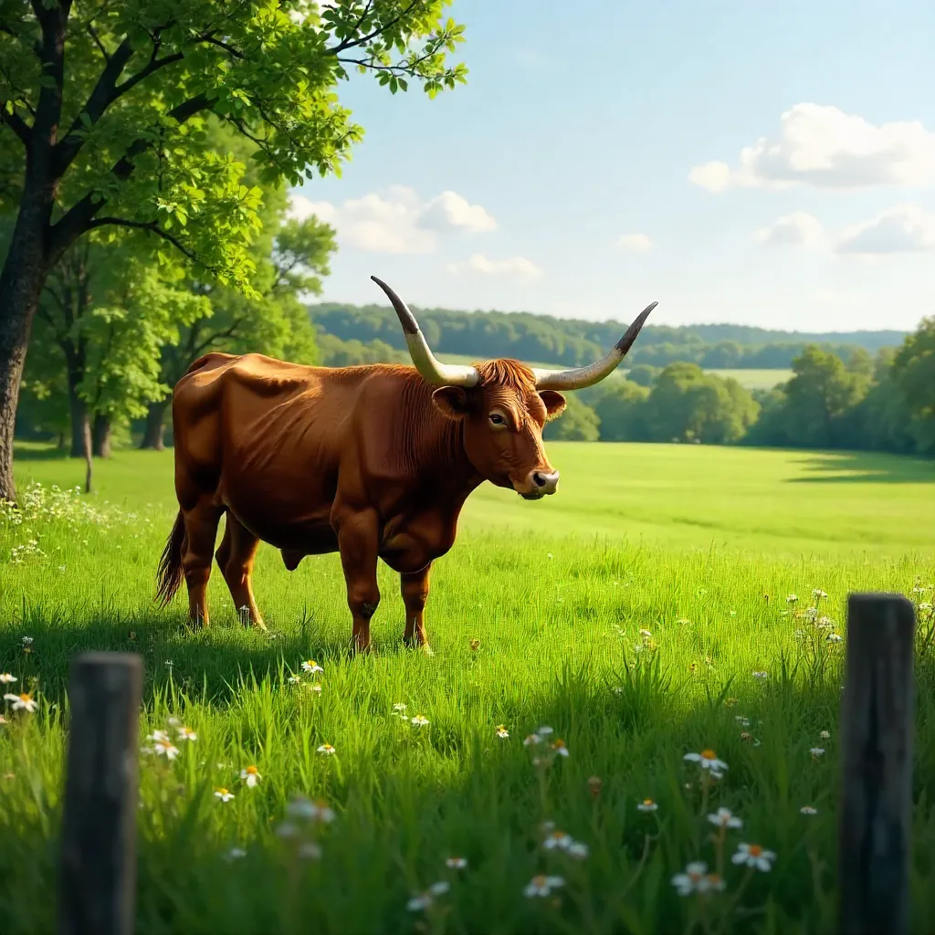 Brown Longhorn Cow Grazing in a Wisconsin Meadow