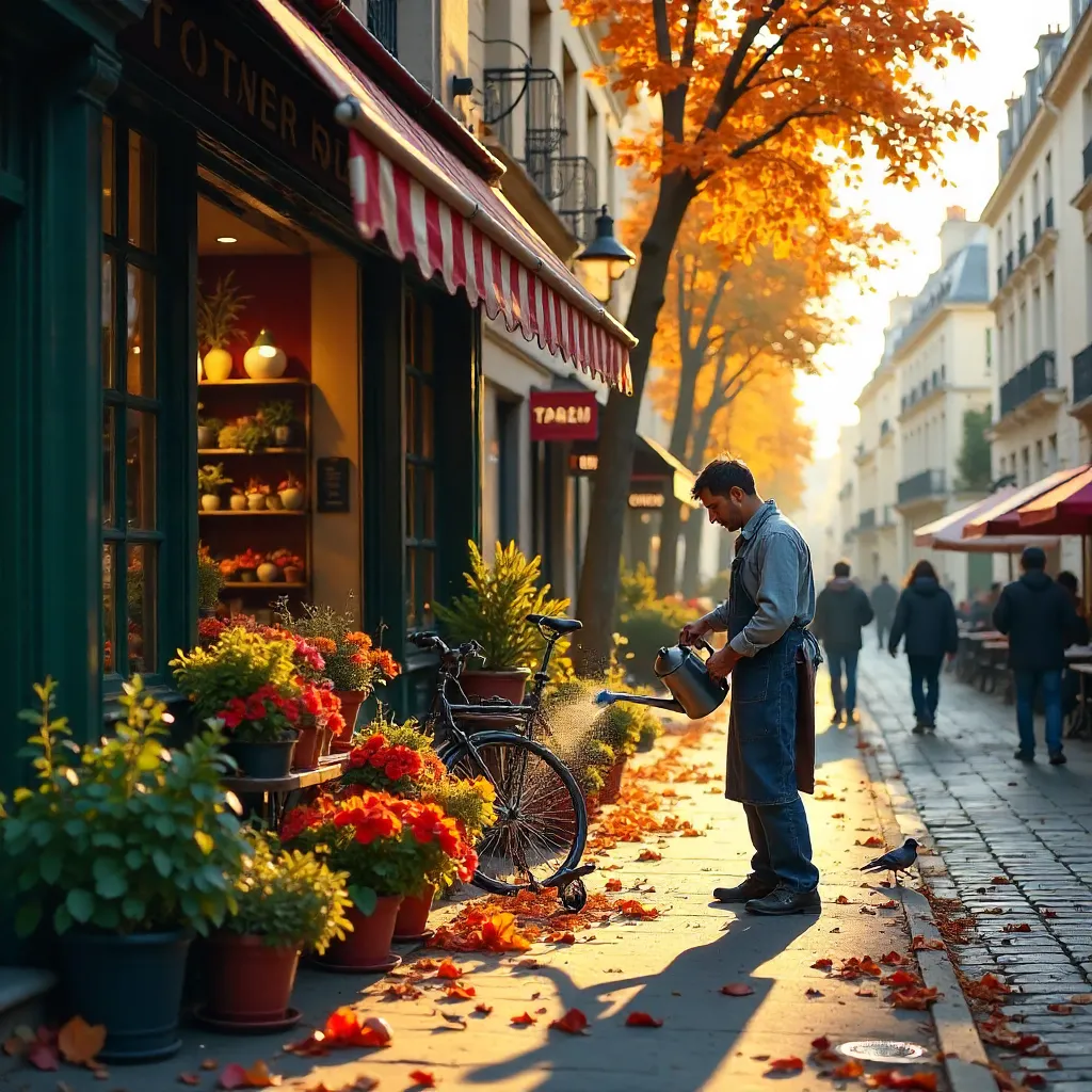 Parisian Gardener Among Fall Shopfronts