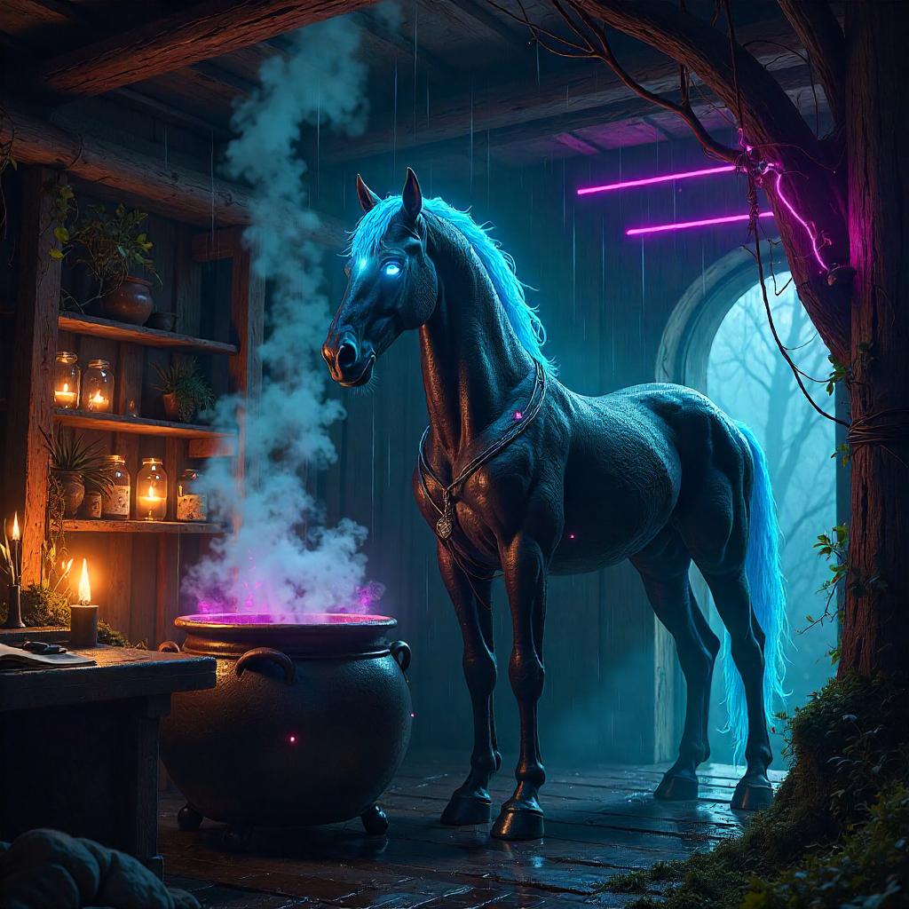 Cyberpunk Kelpie in a Witch's Hut