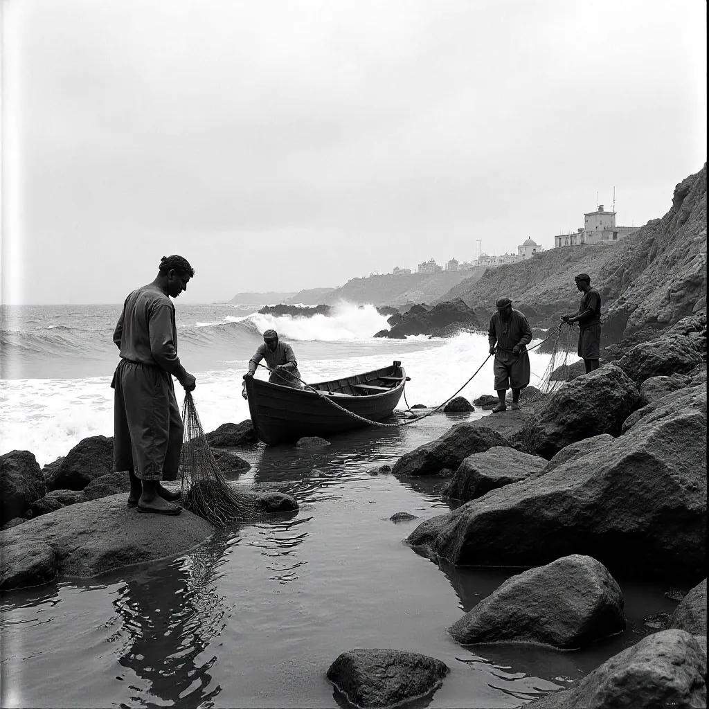 Monochrome Fishermen on Rabat's Rocky Coast