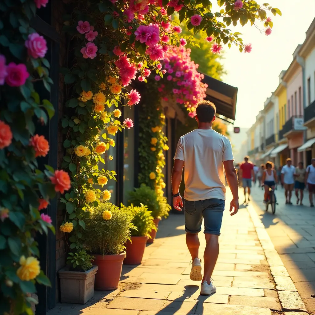 Strolling by a flowering wall in a vibrant street