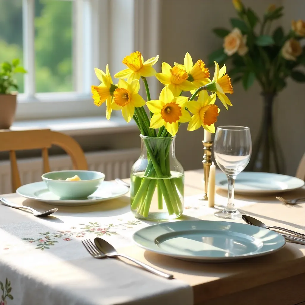 Charming Spring Table with Daffodils and Embroidery