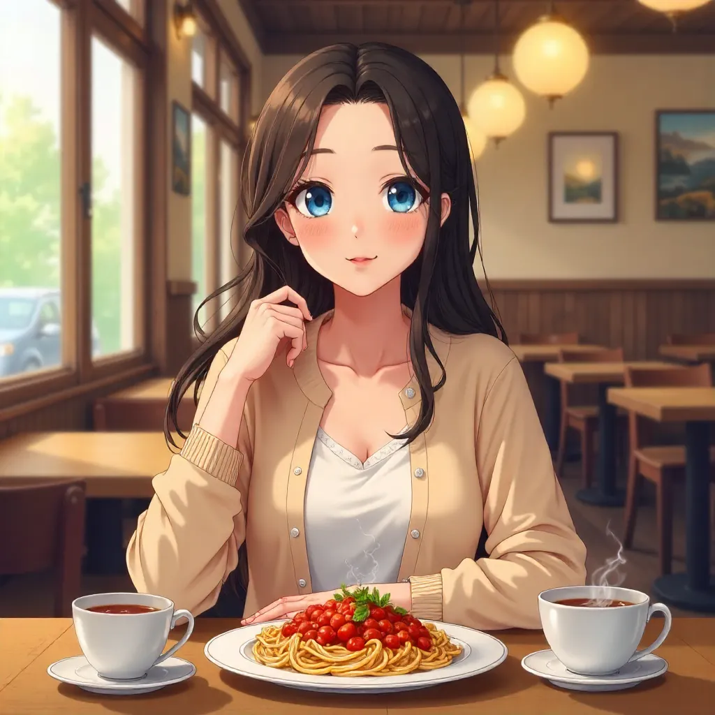Whimsical Anime Girl in a Cozy Restaurant